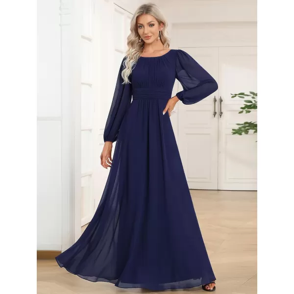 imageEverPretty Womens Crewneck Lantern Sleeves ALine Pleated Chiffon Maxi Formal Dress 0106BNavy Blue