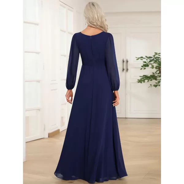 imageEverPretty Womens Crewneck Lantern Sleeves ALine Pleated Chiffon Maxi Formal Dress 0106BNavy Blue