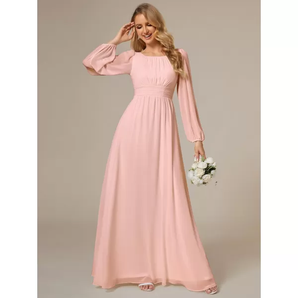 imageEverPretty Womens Crewneck Lantern Sleeves ALine Pleated Chiffon Maxi Formal Dress 0106BPink