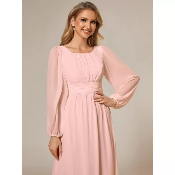 imageEverPretty Womens Crewneck Lantern Sleeves ALine Pleated Chiffon Maxi Formal Dress 0106BPink