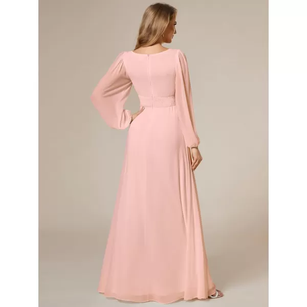 imageEverPretty Womens Crewneck Lantern Sleeves ALine Pleated Chiffon Maxi Formal Dress 0106BPink