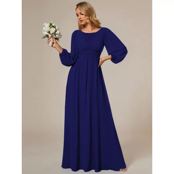 imageEverPretty Womens Crewneck Lantern Sleeves ALine Pleated Chiffon Maxi Formal Dress 0106BRoyal Blue