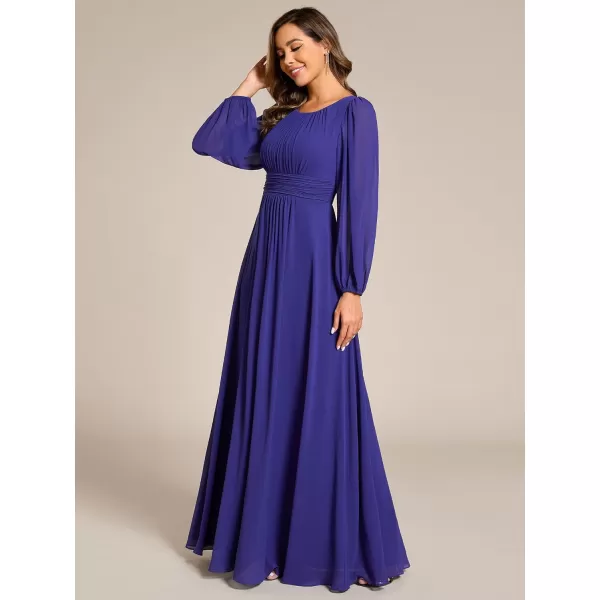 imageEverPretty Womens Crewneck Lantern Sleeves ALine Pleated Chiffon Maxi Formal Dress 0106BSapphire Blue