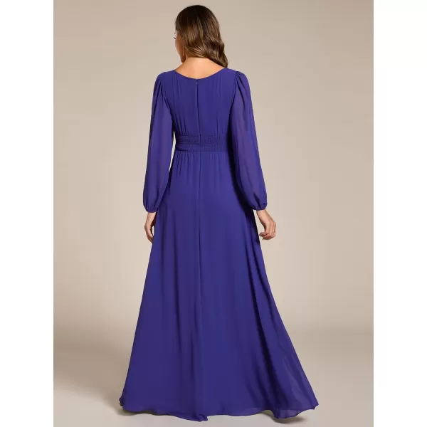 imageEverPretty Womens Crewneck Lantern Sleeves ALine Pleated Chiffon Maxi Formal Dress 0106BSapphire Blue