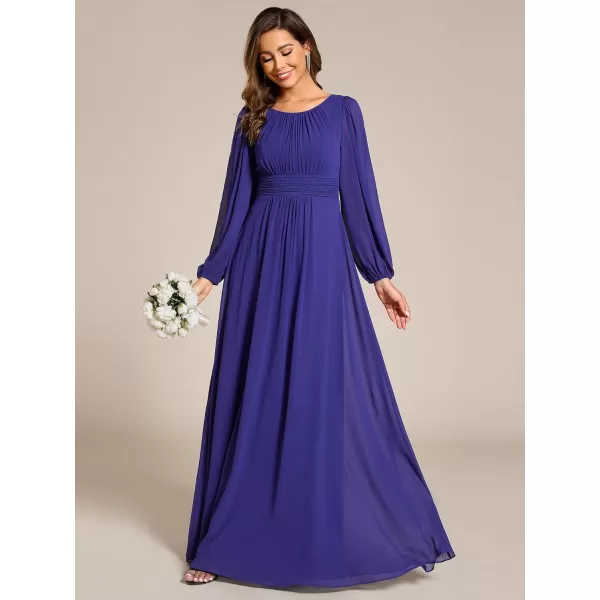 imageEverPretty Womens Crewneck Lantern Sleeves ALine Pleated Chiffon Maxi Formal Dress 0106BSapphire Blue