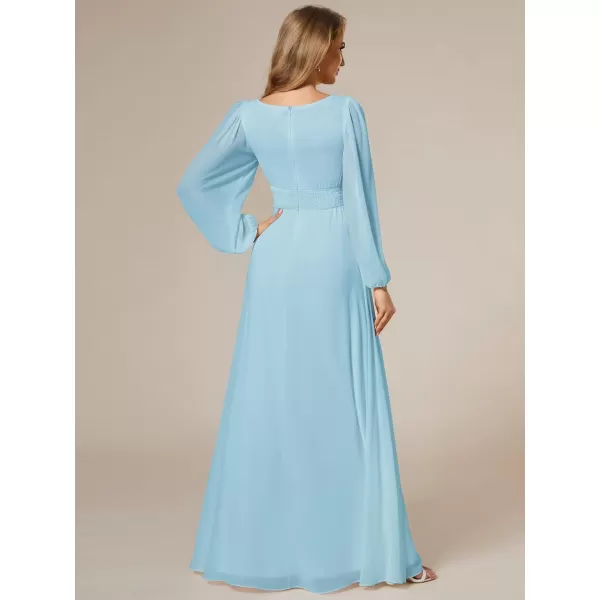 imageEverPretty Womens Crewneck Lantern Sleeves ALine Pleated Chiffon Maxi Formal Dress 0106BSky Blue