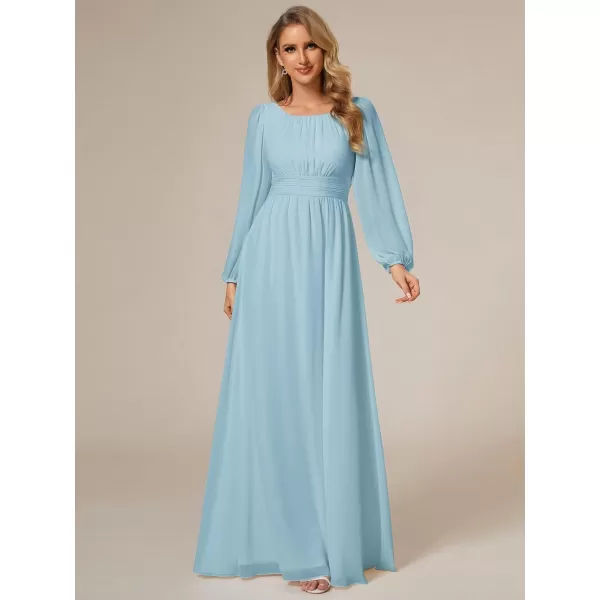 imageEverPretty Womens Crewneck Lantern Sleeves ALine Pleated Chiffon Maxi Formal Dress 0106BSky Blue