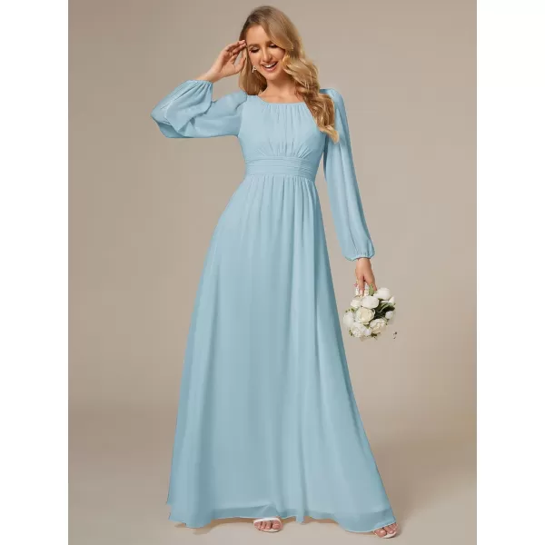 imageEverPretty Womens Crewneck Lantern Sleeves ALine Pleated Chiffon Maxi Formal Dress 0106BSky Blue