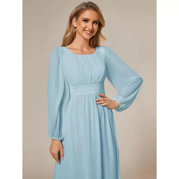 imageEverPretty Womens Crewneck Lantern Sleeves ALine Pleated Chiffon Maxi Formal Dress 0106BSky Blue