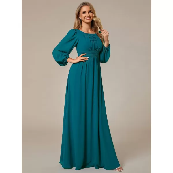 imageEverPretty Womens Crewneck Lantern Sleeves ALine Pleated Chiffon Maxi Formal Dress 0106BTeal