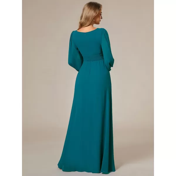 imageEverPretty Womens Crewneck Lantern Sleeves ALine Pleated Chiffon Maxi Formal Dress 0106BTeal