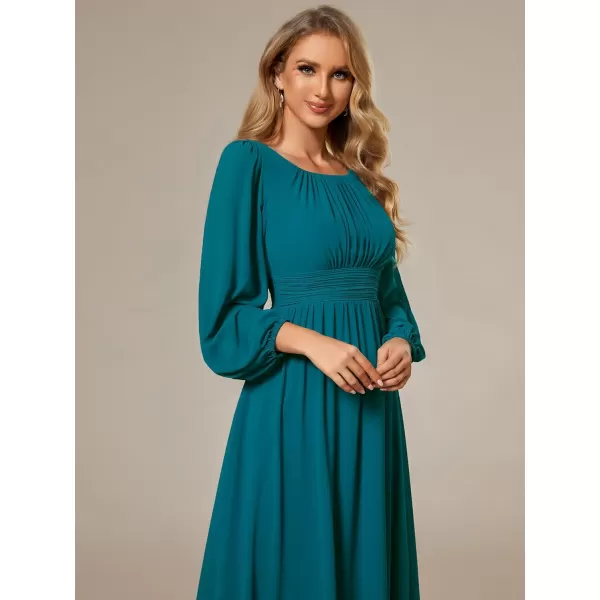 imageEverPretty Womens Crewneck Lantern Sleeves ALine Pleated Chiffon Maxi Formal Dress 0106BTeal