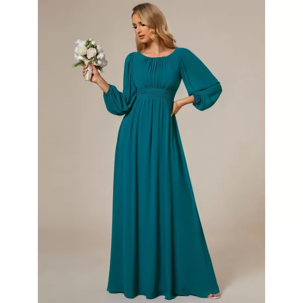 imageEverPretty Womens Crewneck Lantern Sleeves ALine Pleated Chiffon Maxi Formal Dress 0106BTeal