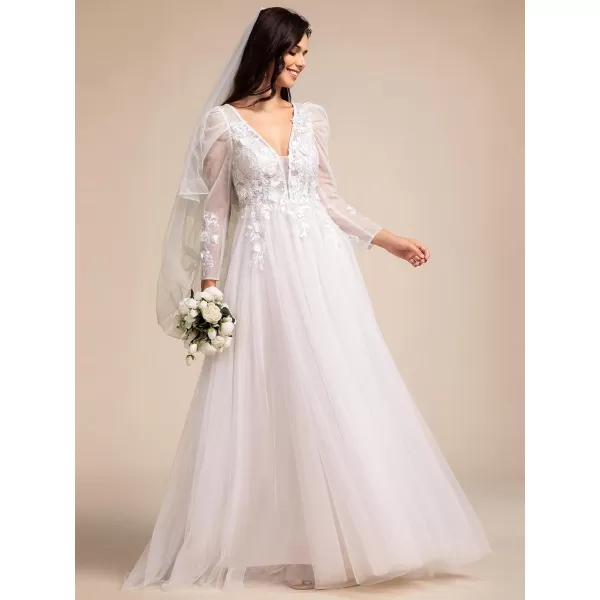 imageEverPretty Womens Double V Neck Long Sleeves Applique SeeThrough A Line Tulle Wedding Dresses for Bride 02186Ivory