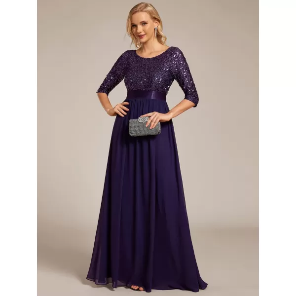 imageEverPretty Womens Elegant A Line Crew Neck Half Sleeve Sequin Maxi Evening Dress 00683Dark Purple