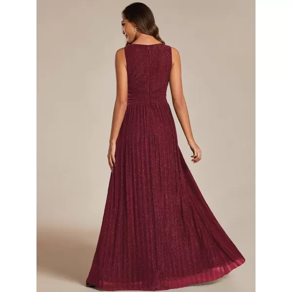 imageEverPretty Womens Glitter Sleeveless V Neck ALine Pleated Waist Evening Gowns 02133Burgundy