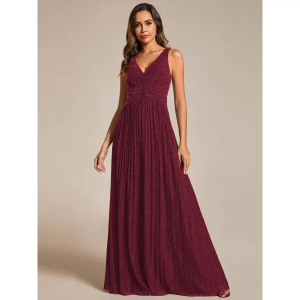 imageEverPretty Womens Glitter Sleeveless V Neck ALine Pleated Waist Evening Gowns 02133Burgundy