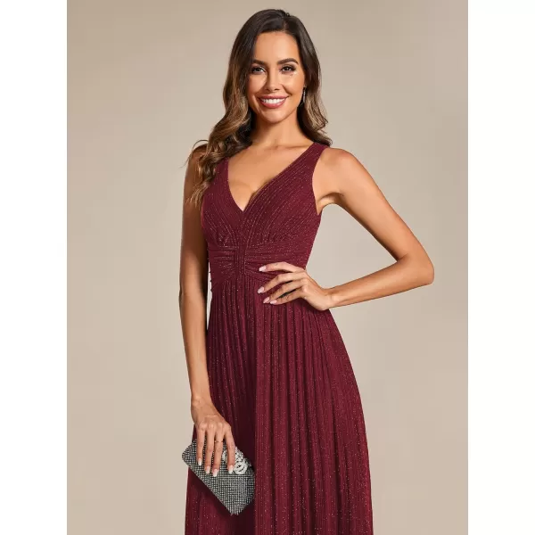 imageEverPretty Womens Glitter Sleeveless V Neck ALine Pleated Waist Evening Gowns 02133Burgundy