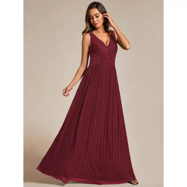 imageEverPretty Womens Glitter Sleeveless V Neck ALine Pleated Waist Evening Gowns 02133Burgundy