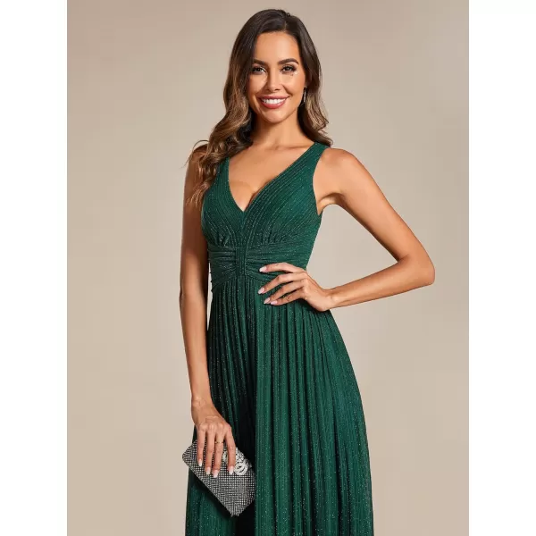 imageEverPretty Womens Glitter Sleeveless V Neck ALine Pleated Waist Evening Gowns 02133Deep Green