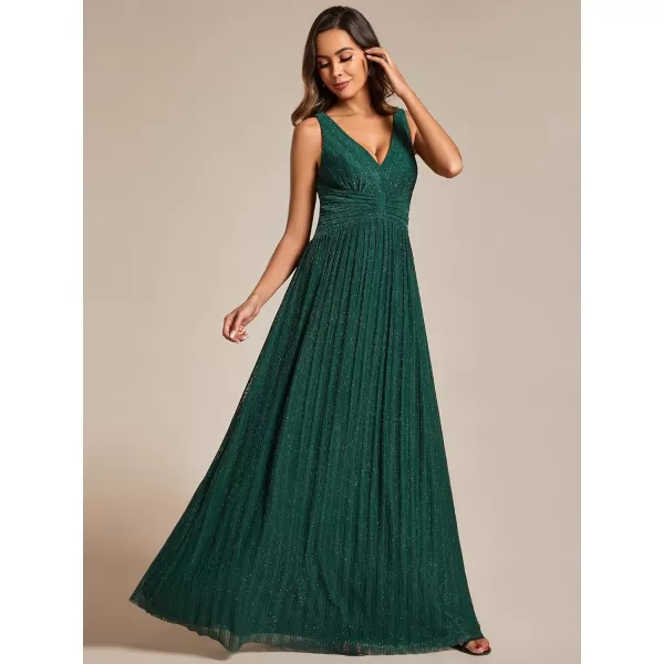 imageEverPretty Womens Glitter Sleeveless V Neck ALine Pleated Waist Evening Gowns 02133Deep Green