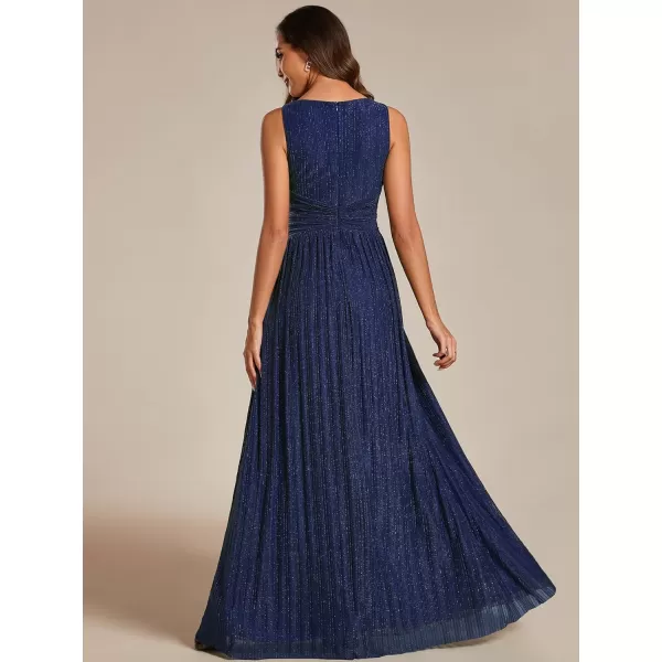 imageEverPretty Womens Glitter Sleeveless V Neck ALine Pleated Waist Evening Gowns 02133Navy Blue