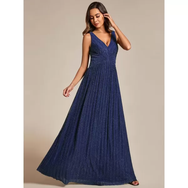 imageEverPretty Womens Glitter Sleeveless V Neck ALine Pleated Waist Evening Gowns 02133Navy Blue