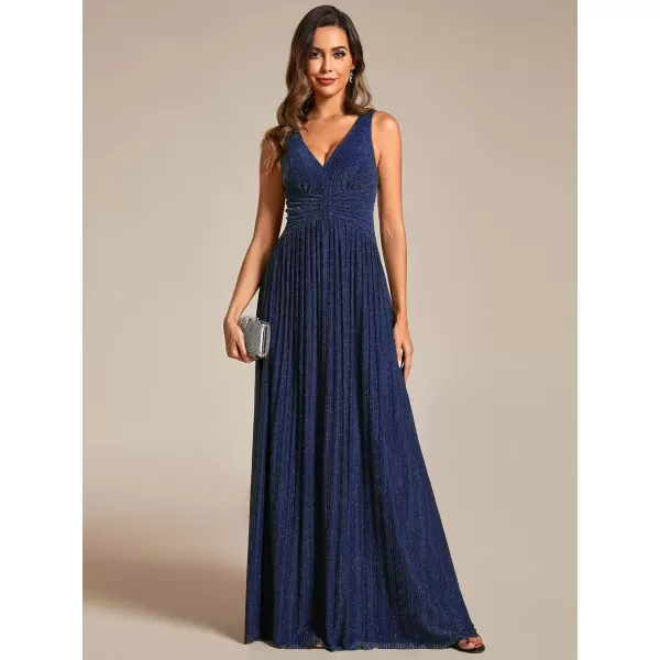 imageEverPretty Womens Glitter Sleeveless V Neck ALine Pleated Waist Evening Gowns 02133Navy Blue