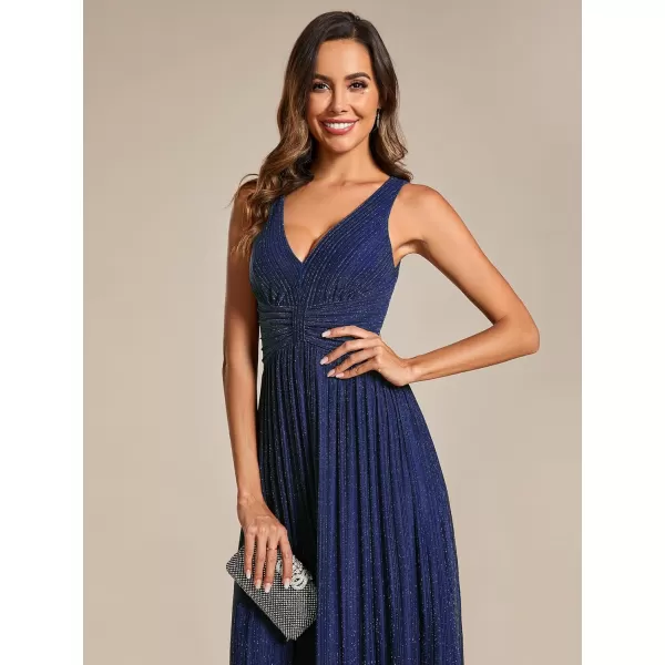 imageEverPretty Womens Glitter Sleeveless V Neck ALine Pleated Waist Evening Gowns 02133Navy Blue