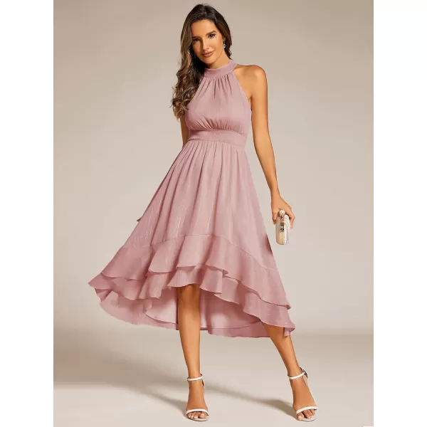 imageEverPretty Womens Halterneck Elastic Waist Glitter High Low Summer Wedding Guest Dress with Layered Ruffles 31977Dusty Rose