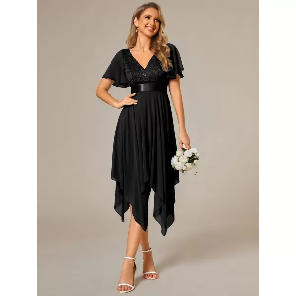 imageEverPretty Womens Irregular Hem Short Sleeve V Neck A Line Tea Length Cocktail Dresses 02040Black