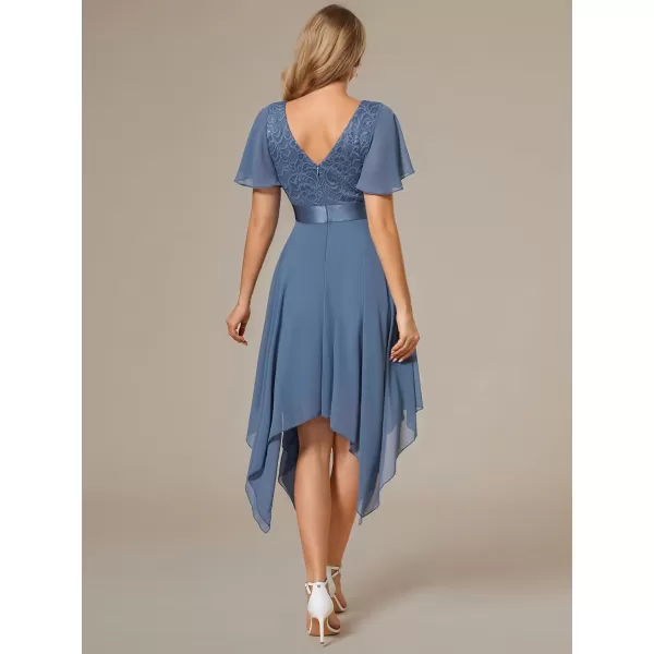 imageEverPretty Womens Irregular Hem Short Sleeve V Neck A Line Tea Length Cocktail Dresses 02040Dusty Navy