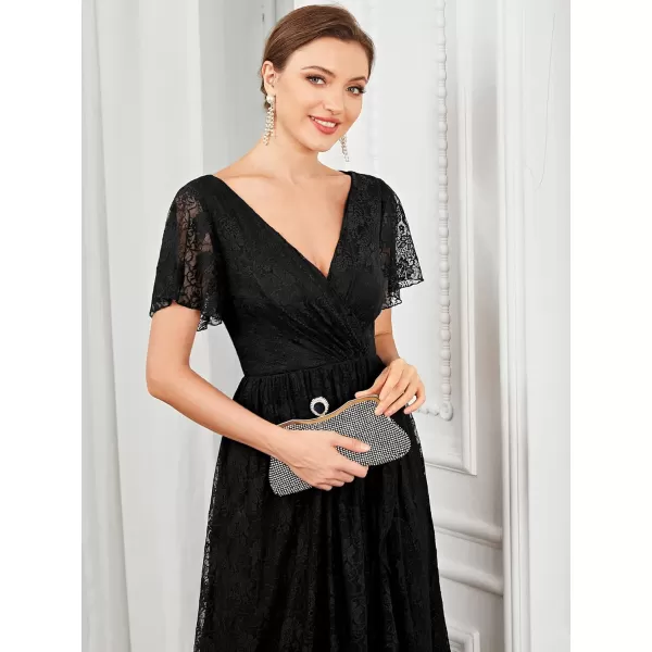 imageEverPretty Womens Lace V Neck Ruffles Sleeves Pleated Empire Waist ALine Maxi Formal Dresses 01489Black