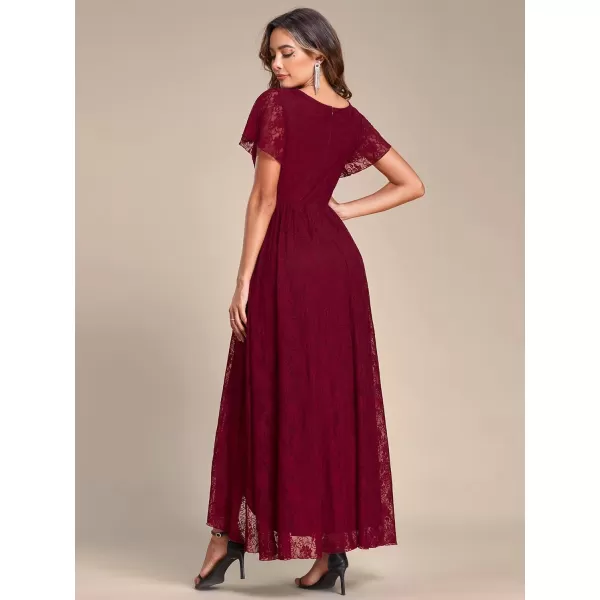 imageEverPretty Womens Lace V Neck Ruffles Sleeves Pleated Empire Waist ALine Maxi Formal Dresses 01489Burgundy