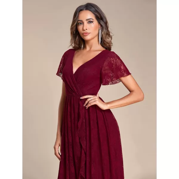 imageEverPretty Womens Lace V Neck Ruffles Sleeves Pleated Empire Waist ALine Maxi Formal Dresses 01489Burgundy