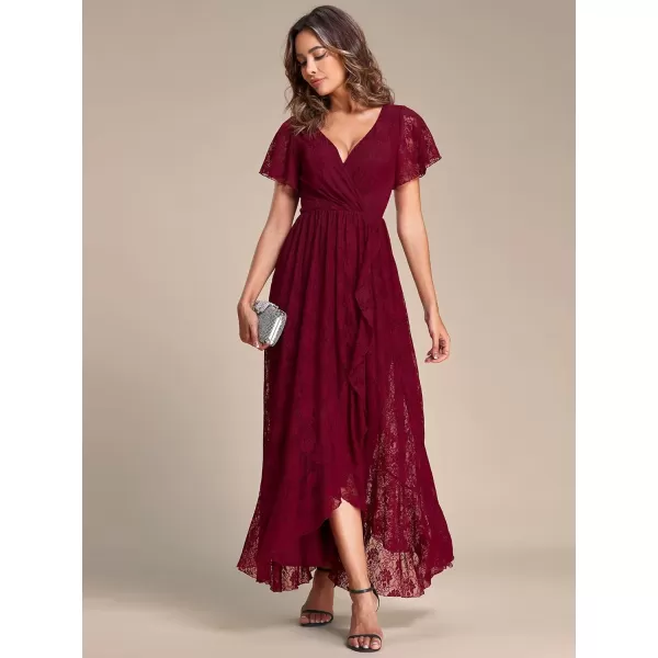 imageEverPretty Womens Lace V Neck Ruffles Sleeves Pleated Empire Waist ALine Maxi Formal Dresses 01489Burgundy