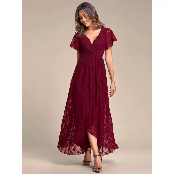 imageEverPretty Womens Lace V Neck Ruffles Sleeves Pleated Empire Waist ALine Maxi Formal Dresses 01489Burgundy