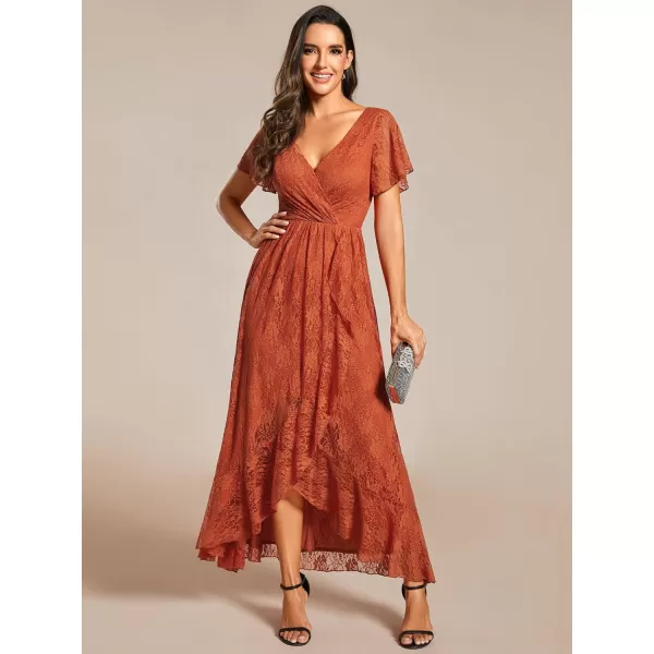 imageEverPretty Womens Lace V Neck Ruffles Sleeves Pleated Empire Waist ALine Maxi Formal Dresses 01489Burnt Orange