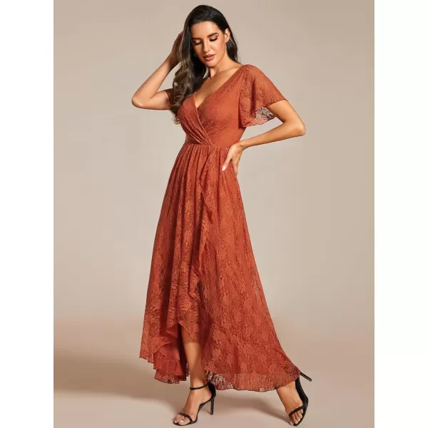 imageEverPretty Womens Lace V Neck Ruffles Sleeves Pleated Empire Waist ALine Maxi Formal Dresses 01489Burnt Orange