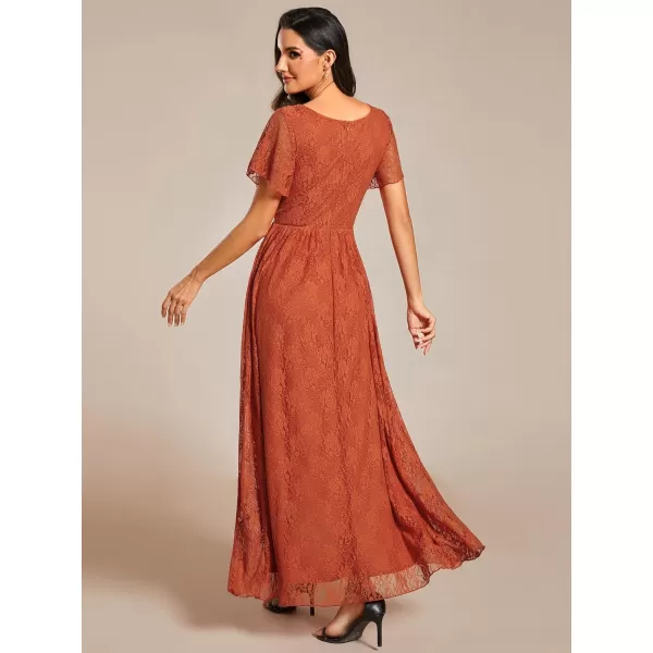 imageEverPretty Womens Lace V Neck Ruffles Sleeves Pleated Empire Waist ALine Maxi Formal Dresses 01489Burnt Orange