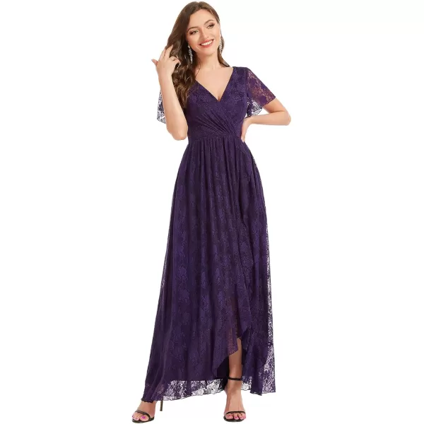 imageEverPretty Womens Lace V Neck Ruffles Sleeves Pleated Empire Waist ALine Maxi Formal Dresses 01489Dark Purple