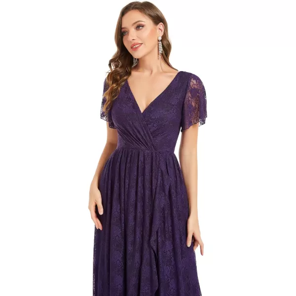 imageEverPretty Womens Lace V Neck Ruffles Sleeves Pleated Empire Waist ALine Maxi Formal Dresses 01489Dark Purple