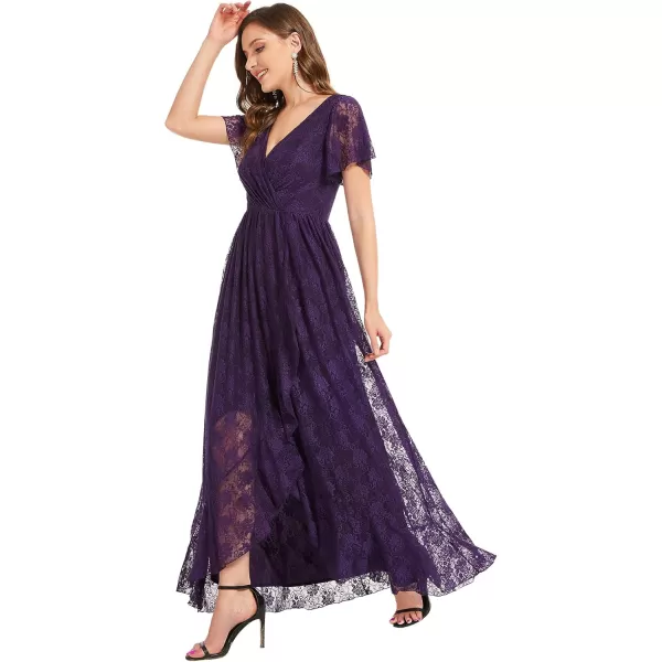 imageEverPretty Womens Lace V Neck Ruffles Sleeves Pleated Empire Waist ALine Maxi Formal Dresses 01489Dark Purple