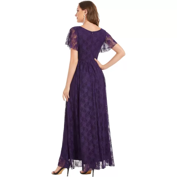 imageEverPretty Womens Lace V Neck Ruffles Sleeves Pleated Empire Waist ALine Maxi Formal Dresses 01489Dark Purple