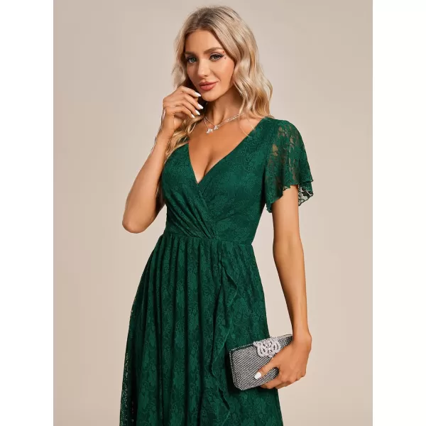 imageEverPretty Womens Lace V Neck Ruffles Sleeves Pleated Empire Waist ALine Maxi Formal Dresses 01489Green