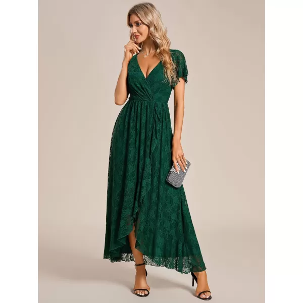 imageEverPretty Womens Lace V Neck Ruffles Sleeves Pleated Empire Waist ALine Maxi Formal Dresses 01489Green