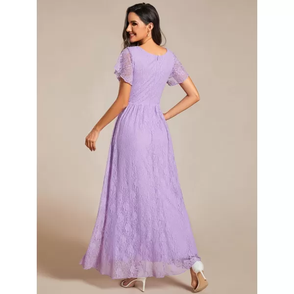 imageEverPretty Womens Lace V Neck Ruffles Sleeves Pleated Empire Waist ALine Maxi Formal Dresses 01489Lavender