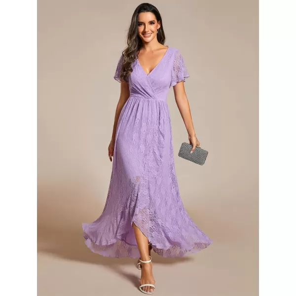 imageEverPretty Womens Lace V Neck Ruffles Sleeves Pleated Empire Waist ALine Maxi Formal Dresses 01489Lavender