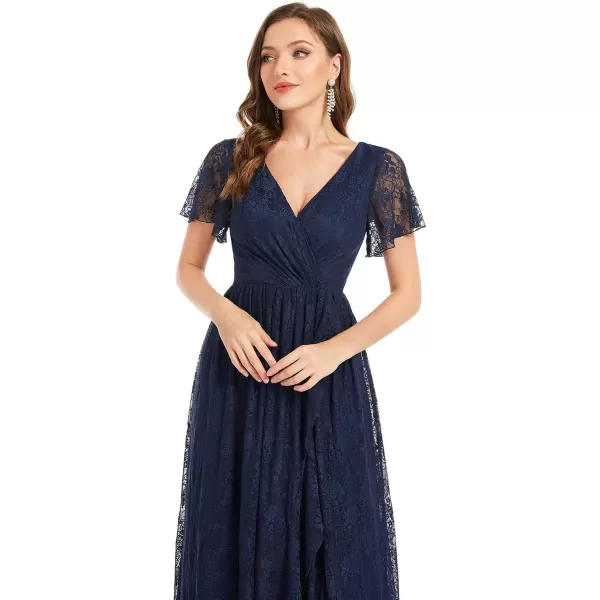 imageEverPretty Womens Lace V Neck Ruffles Sleeves Pleated Empire Waist ALine Maxi Formal Dresses 01489Navy Blue