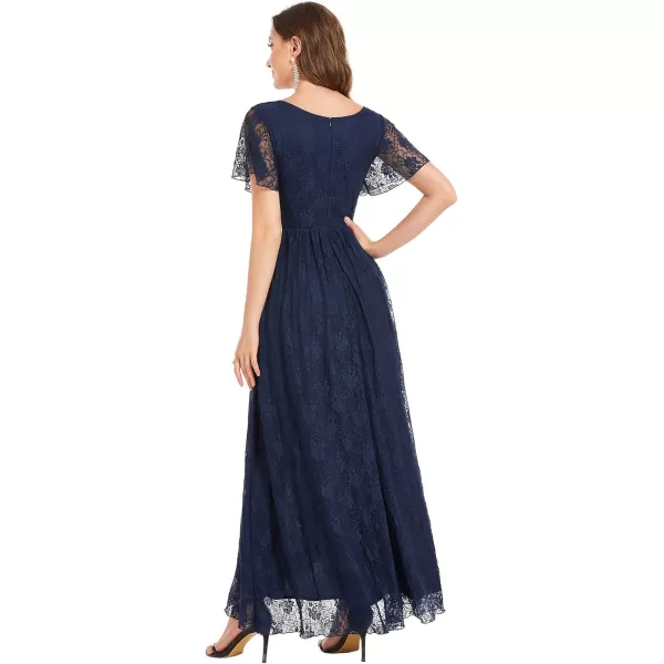 imageEverPretty Womens Lace V Neck Ruffles Sleeves Pleated Empire Waist ALine Maxi Formal Dresses 01489Navy Blue